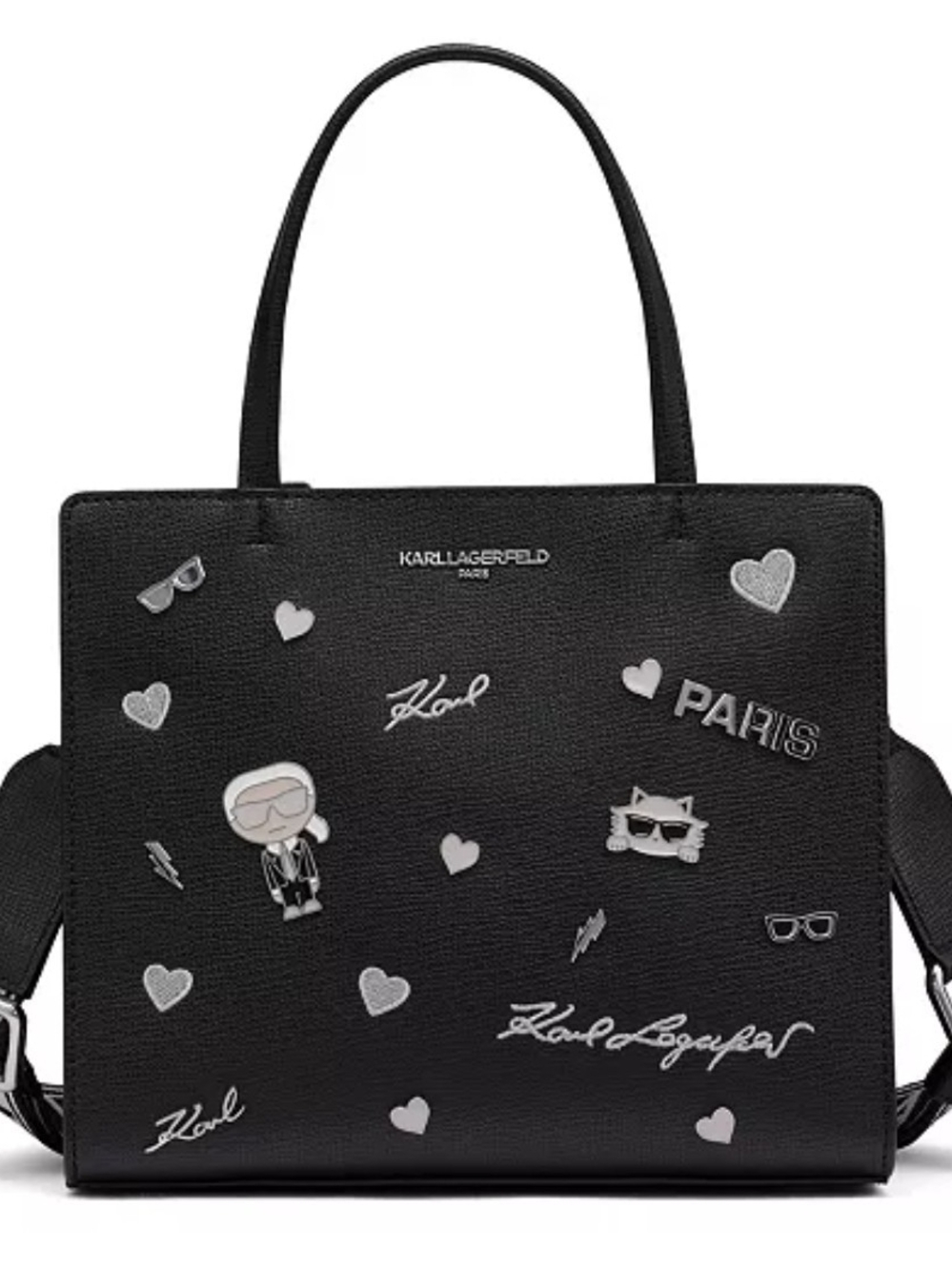 Karl Lagerfeld Black Tote with Silver Accents and Character Appliqués